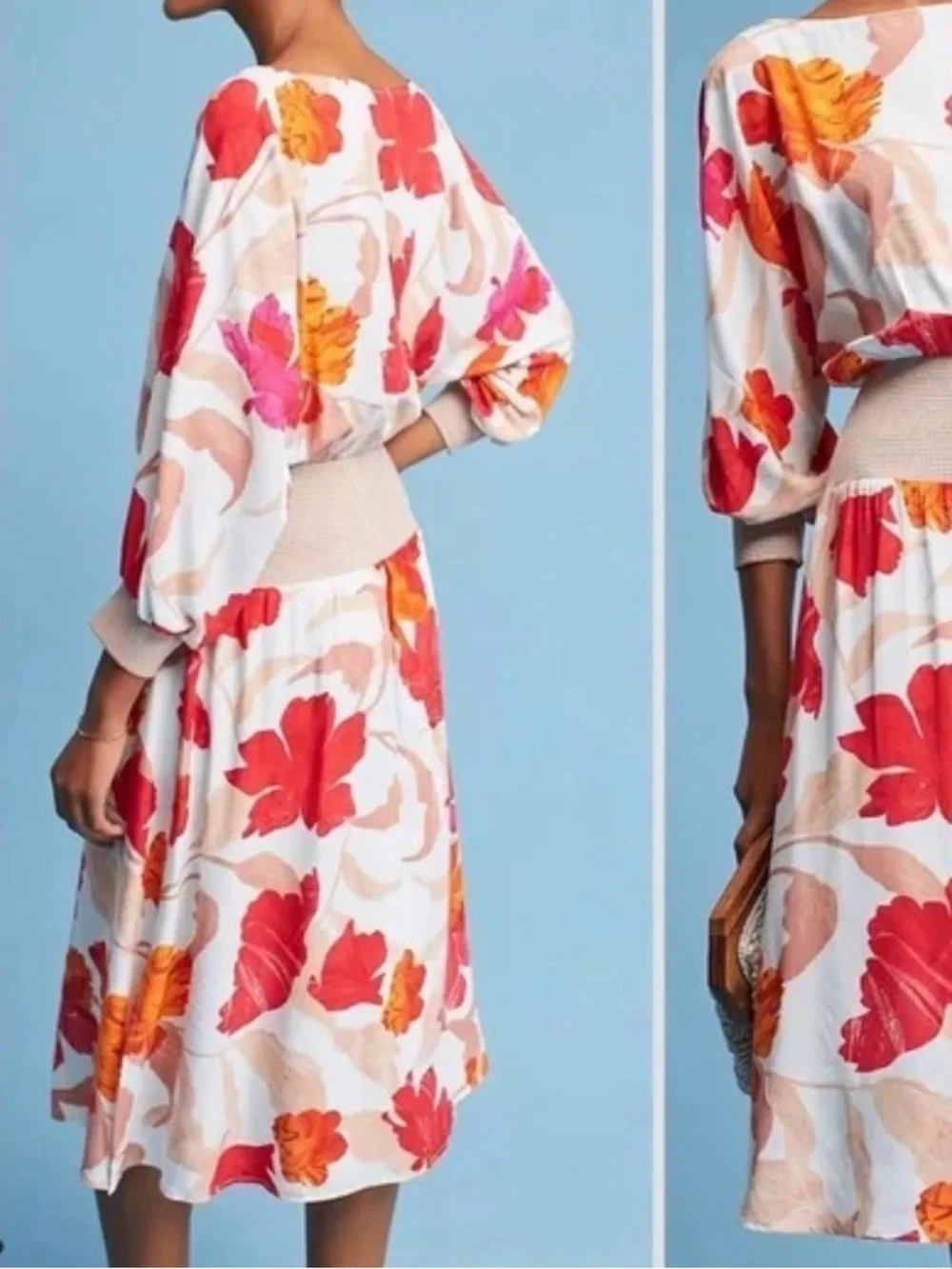 Anthropologie Floral Puff-Sleeve Midi Dress in Cream with Red & Orange Print